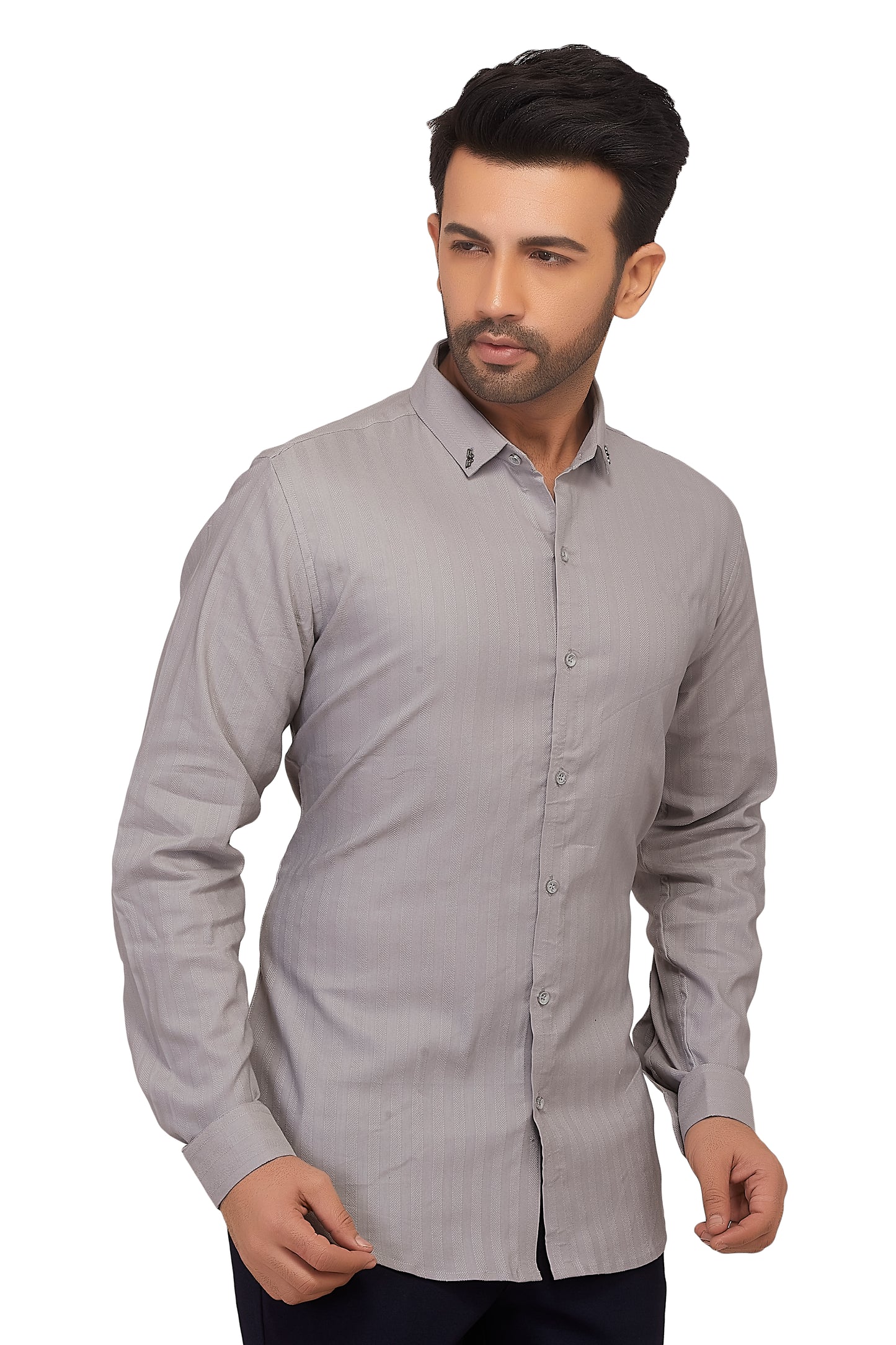 Grey Vertical Self Stripes Shirt
